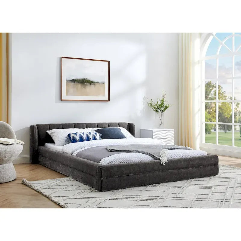 Queen Size Upholstered Platform Bed in Dark Grey Thick Chenille Fabric