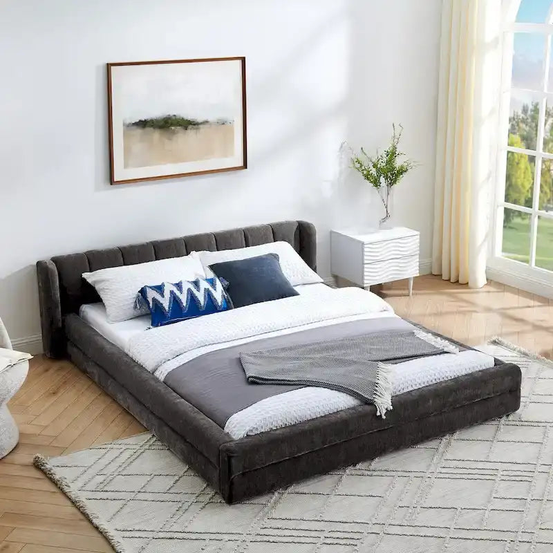 Queen Size Upholstered Platform Bed in Dark Grey Thick Chenille Fabric