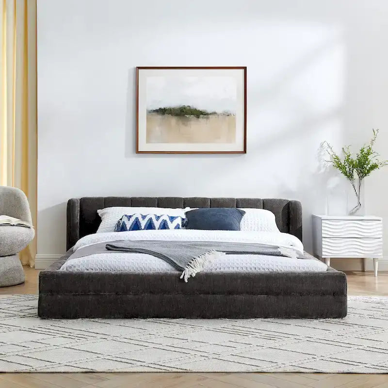 Queen Size Upholstered Platform Bed in Dark Grey Thick Chenille Fabric