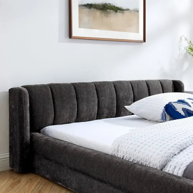 Queen Size Upholstered Platform Bed in Dark Grey Thick Chenille Fabric