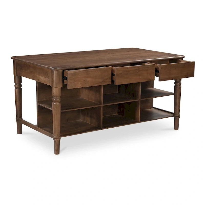 Solid Acacia Wood Kitchen Island with 3 Drawers and 6 Open Shelves