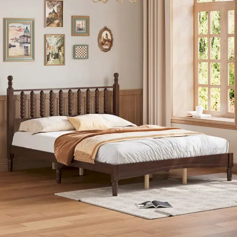 Queen Retro Platform Bed with Gourd-Shaped Headboard and Solid Wood Frame