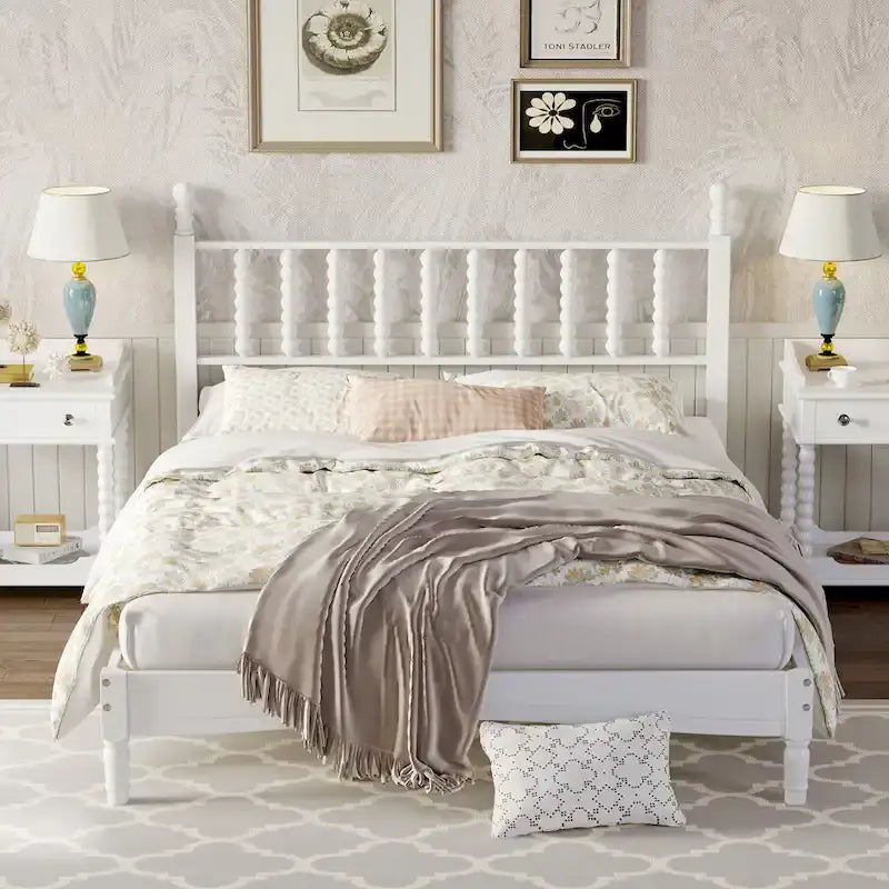 Queen Retro Platform Bed with Gourd-Shaped Headboard and Solid Wood Frame