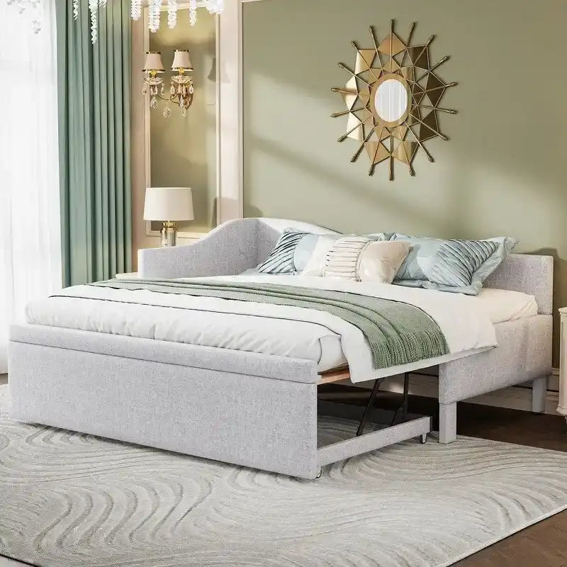 Twin L-Shaped Upholstered Daybed with Pop-Up Trundle