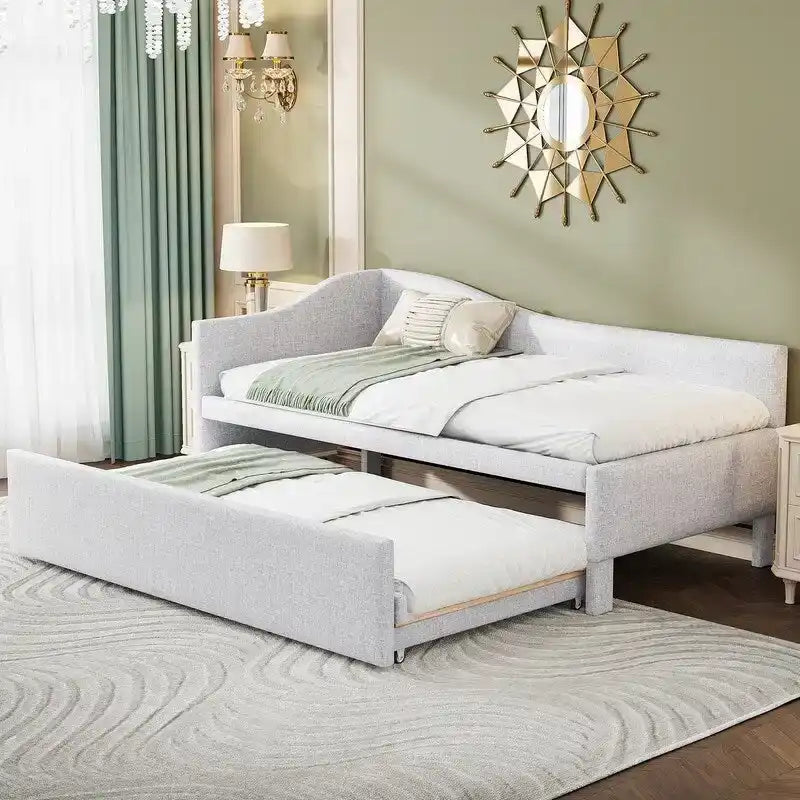 Twin L-Shaped Upholstered Daybed with Pop-Up Trundle