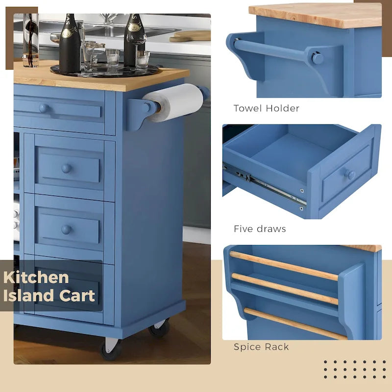 53-Inch Rolling Kitchen Island with Storage, 5 Drawers and Rubber Wood Desktop