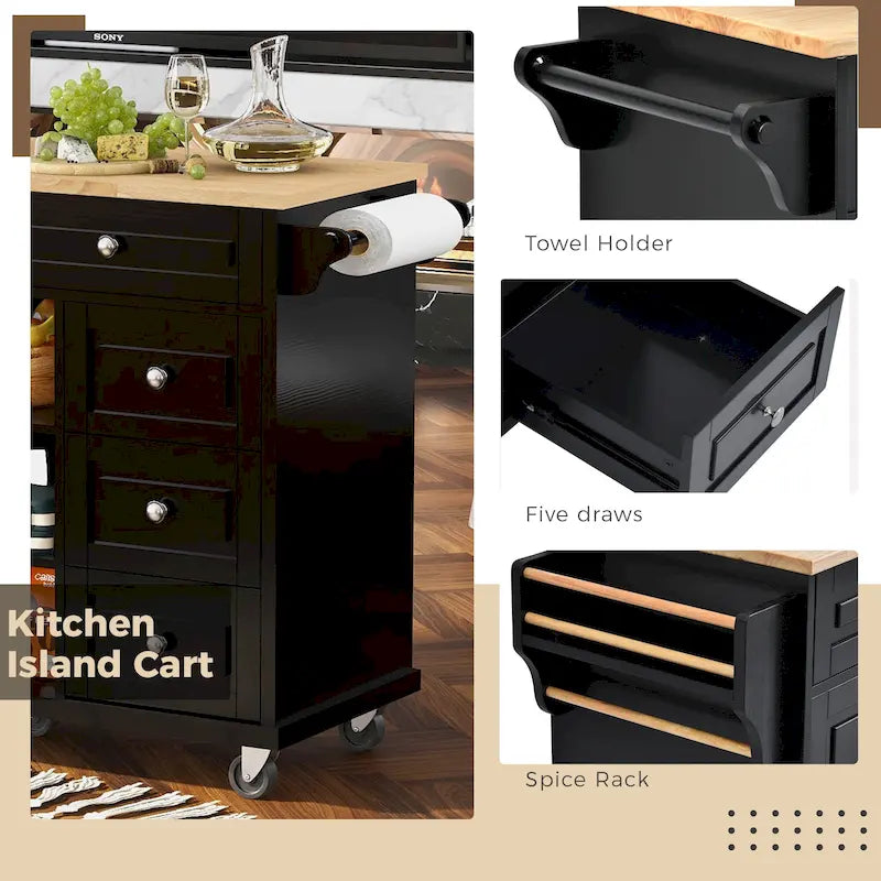 53-Inch Rolling Kitchen Island with Storage, 5 Drawers and Rubber Wood Desktop