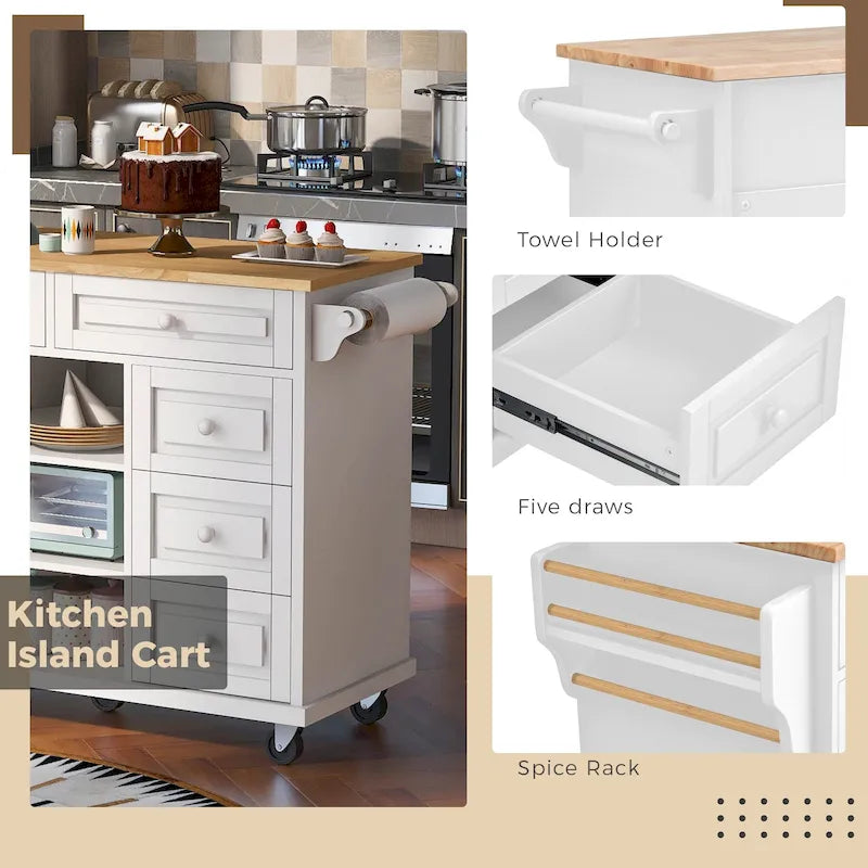 53-Inch Rolling Kitchen Island with Storage, 5 Drawers and Rubber Wood Desktop