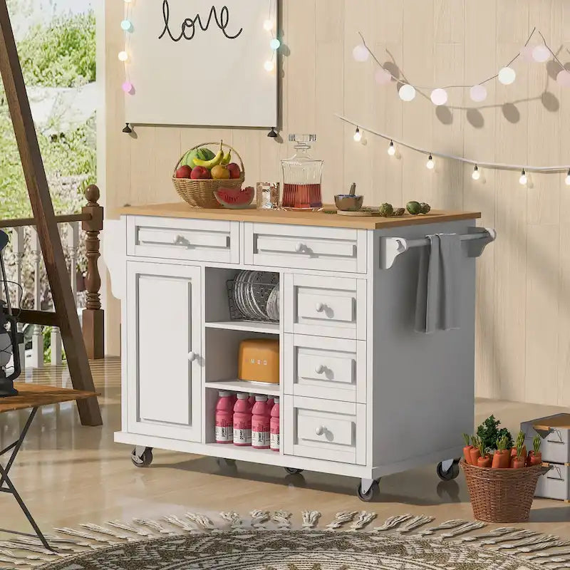 53-Inch Rolling Kitchen Island with Storage, 5 Drawers and Rubber Wood Desktop