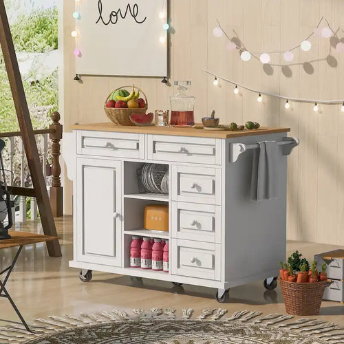 53-Inch Rolling Kitchen Island with Storage, 5 Drawers and Rubber Wood Desktop