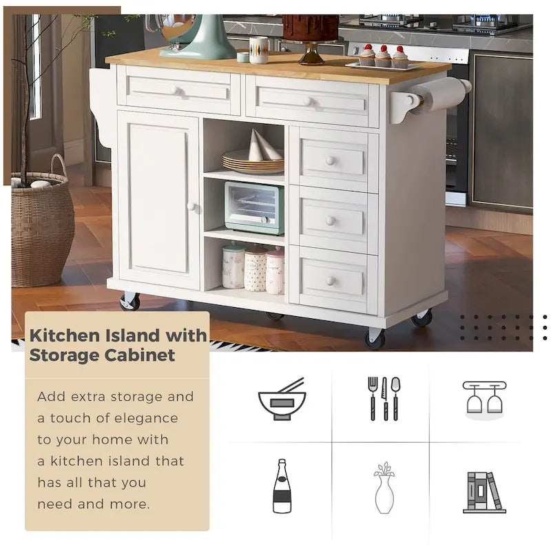 53-Inch Rolling Kitchen Island with Storage, 5 Drawers and Rubber Wood Desktop