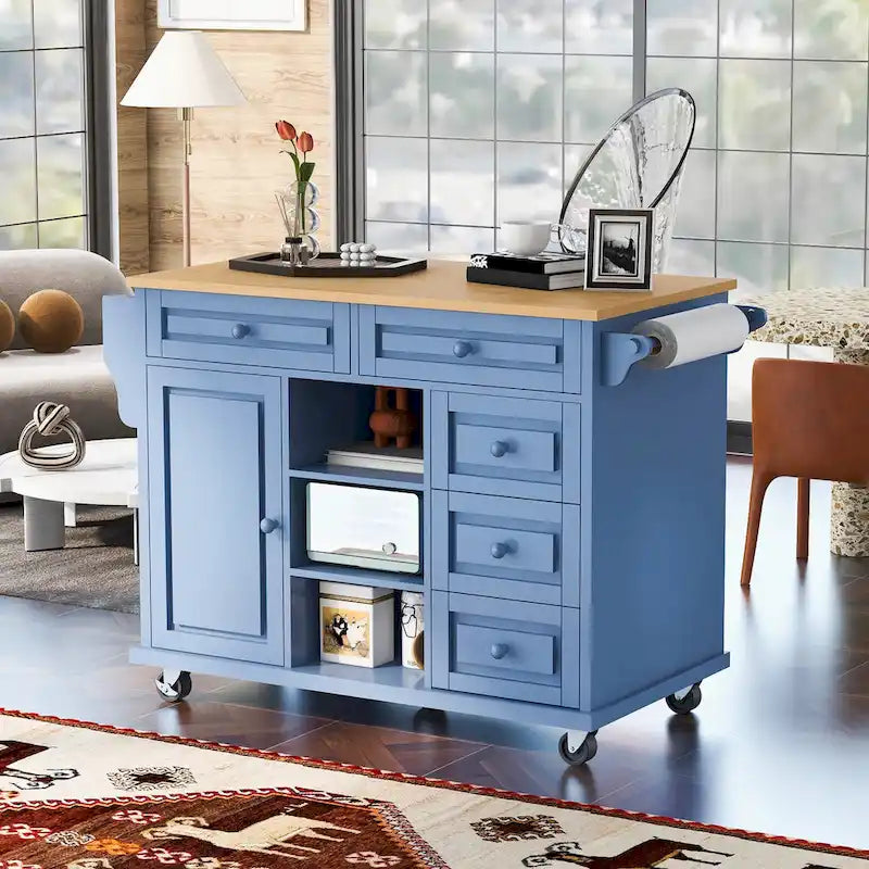53-Inch Rolling Kitchen Island with Storage, 5 Drawers and Rubber Wood Desktop