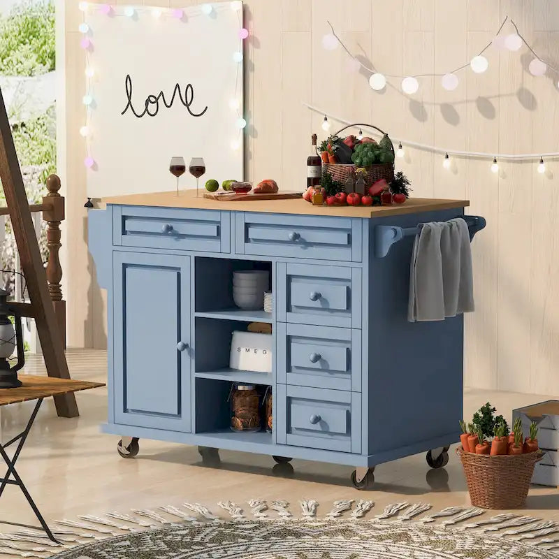 53-Inch Rolling Kitchen Island with Storage, 5 Drawers and Rubber Wood Desktop