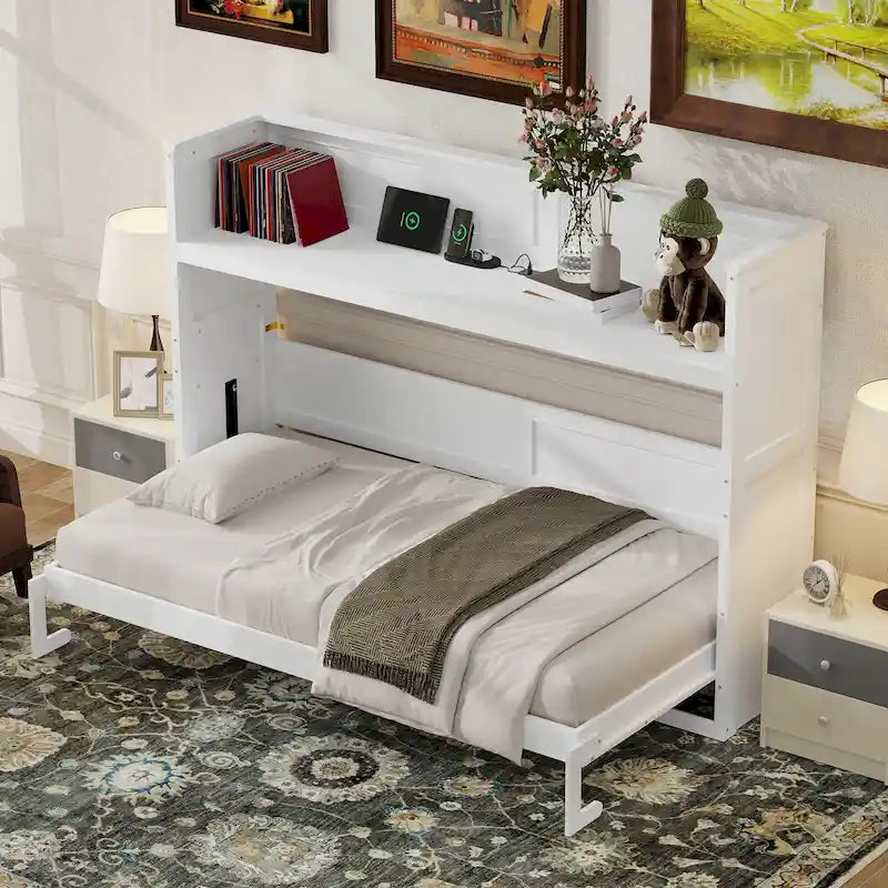 Twin XL Murphy Bed with Desk, LED Light and USB Charging Station for Small Spaces