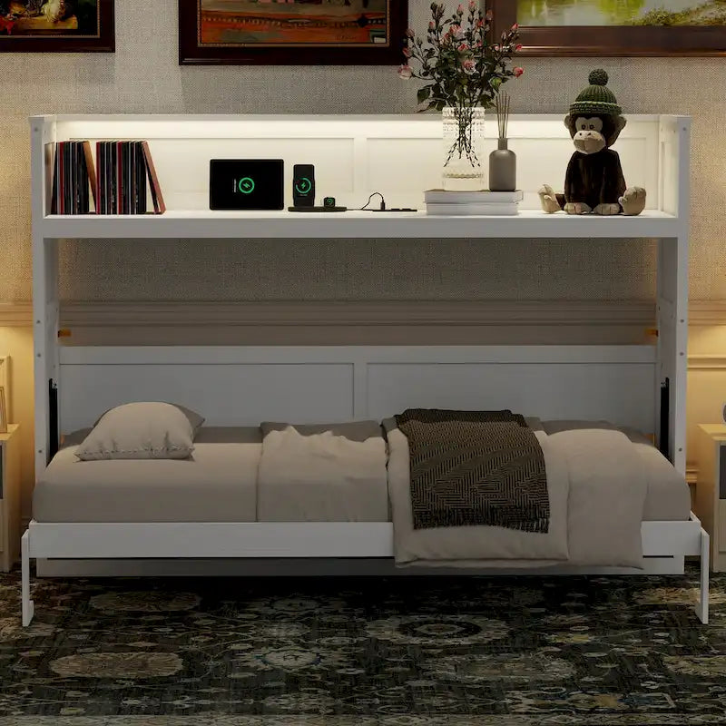 Twin XL Murphy Bed with Desk, LED Light and USB Charging Station for Small Spaces