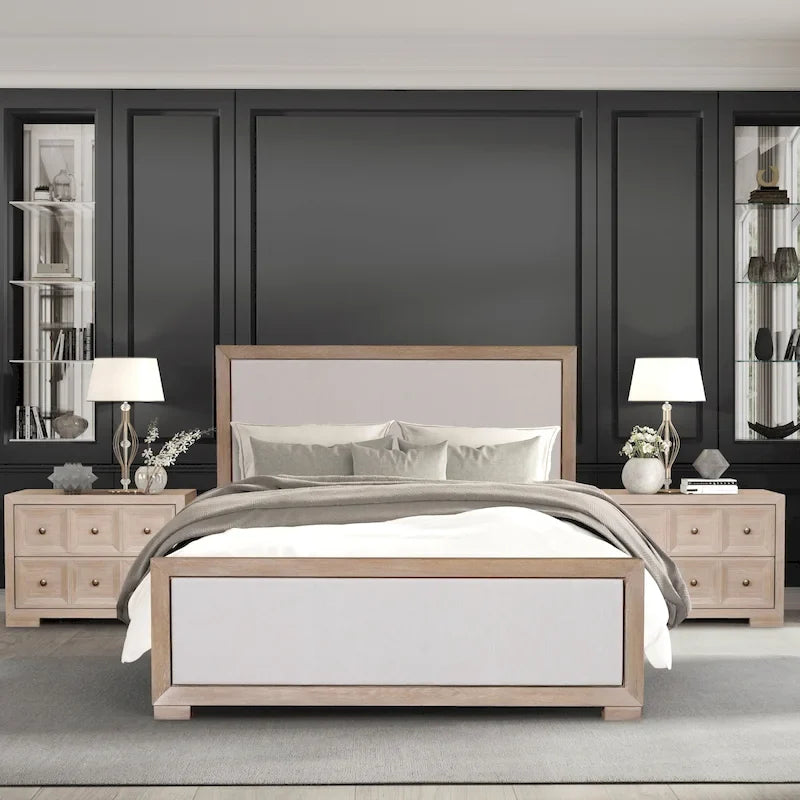 Modern Classic Solid Wood Fabric Panel Bed in Grey with King or Queen Size