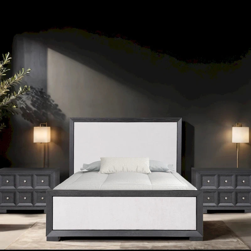 Modern Classic Solid Wood Fabric Panel Bed in Grey with King or Queen Size