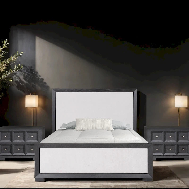 Modern Classic Solid Wood Fabric Panel Bed in Grey with King or Queen Size