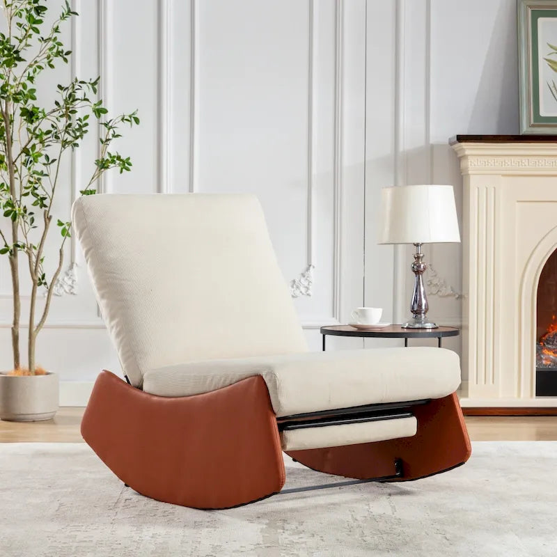 Modern Corduroy Rocking Recliner Chair with Footrest in Orange and Beige