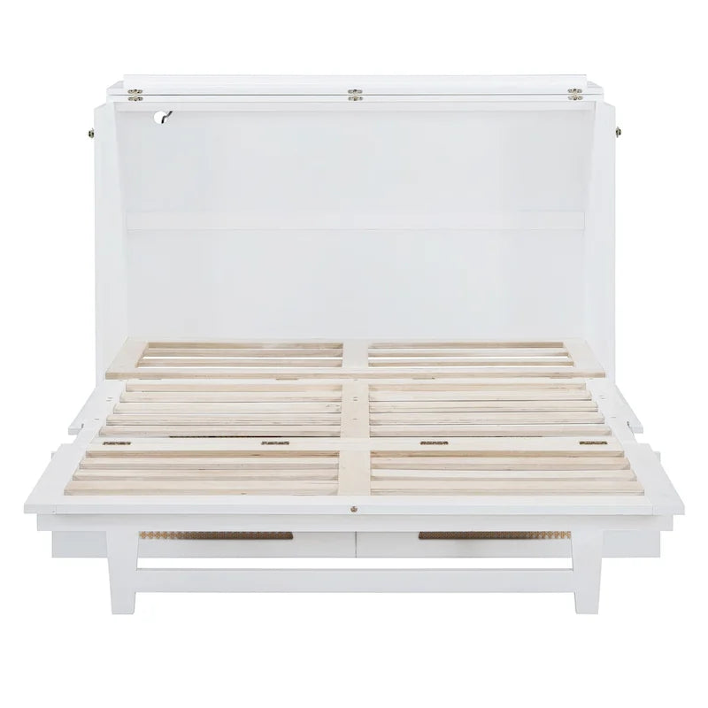 White Full Size Murphy Wall Bed with Storage Drawer, USB Ports and Power Outlets