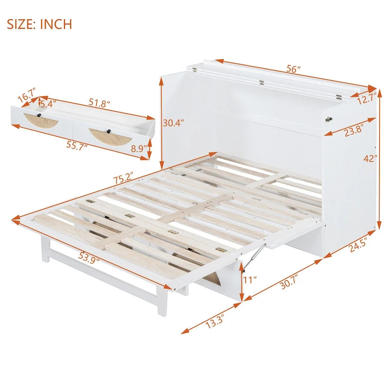 White Full Size Murphy Wall Bed with Storage Drawer, USB Ports and Power Outlets