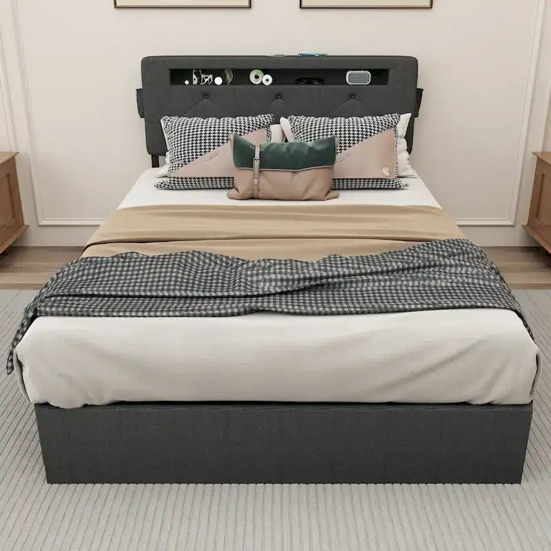Dark Gray Queen Platform Bed with 4 Storage Drawers, USB Ports & LED Lights