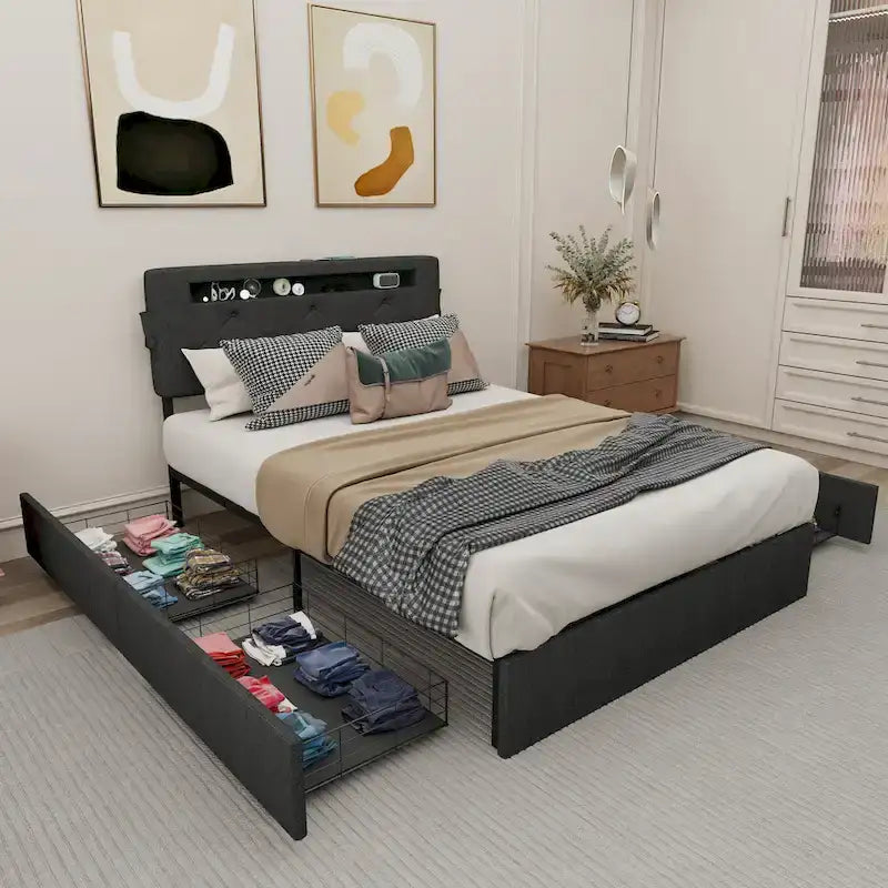 Dark Gray Queen Platform Bed with 4 Storage Drawers, USB Ports & LED Lights
