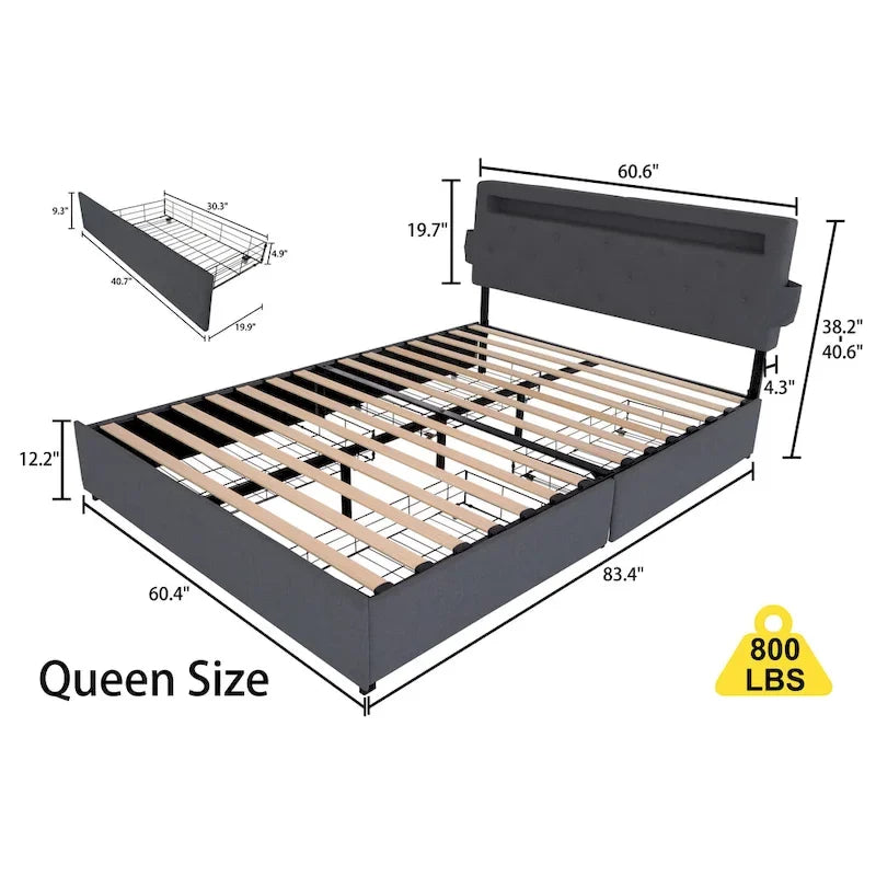 Dark Gray Queen Platform Bed with 4 Storage Drawers, USB Ports & LED Lights
