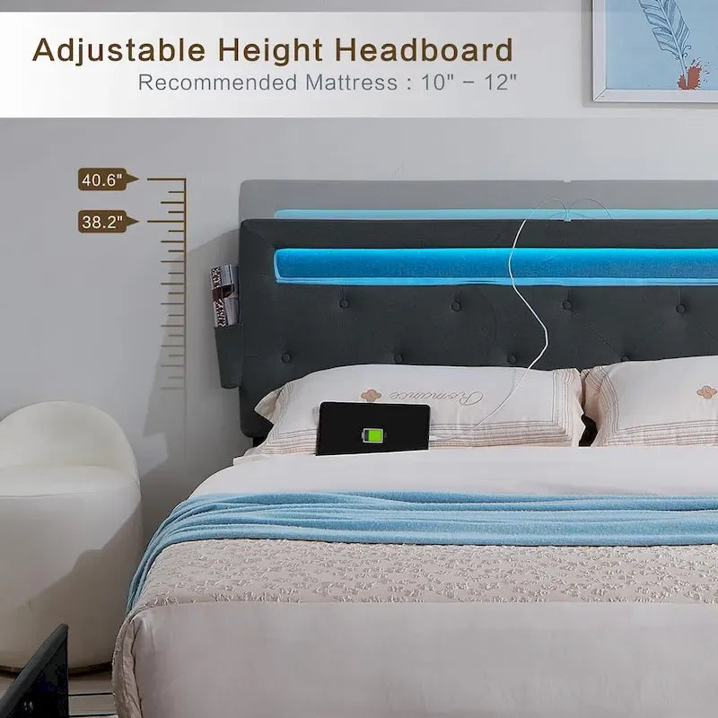 Dark Gray Queen Platform Bed with 4 Storage Drawers, USB Ports & LED Lights