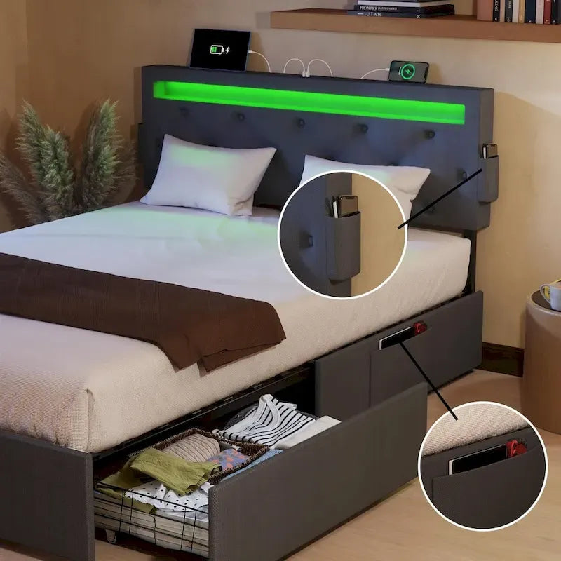 Dark Gray Queen Platform Bed with 4 Storage Drawers, USB Ports & LED Lights