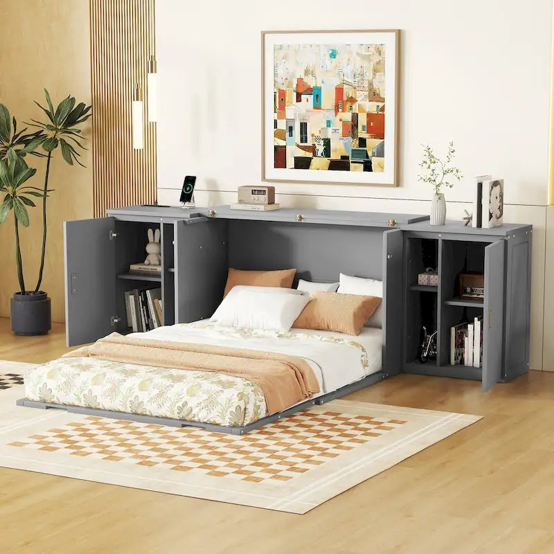 Gray Full Size Murphy Wall Bed with Shelves, Cabinets and USB Charging Ports