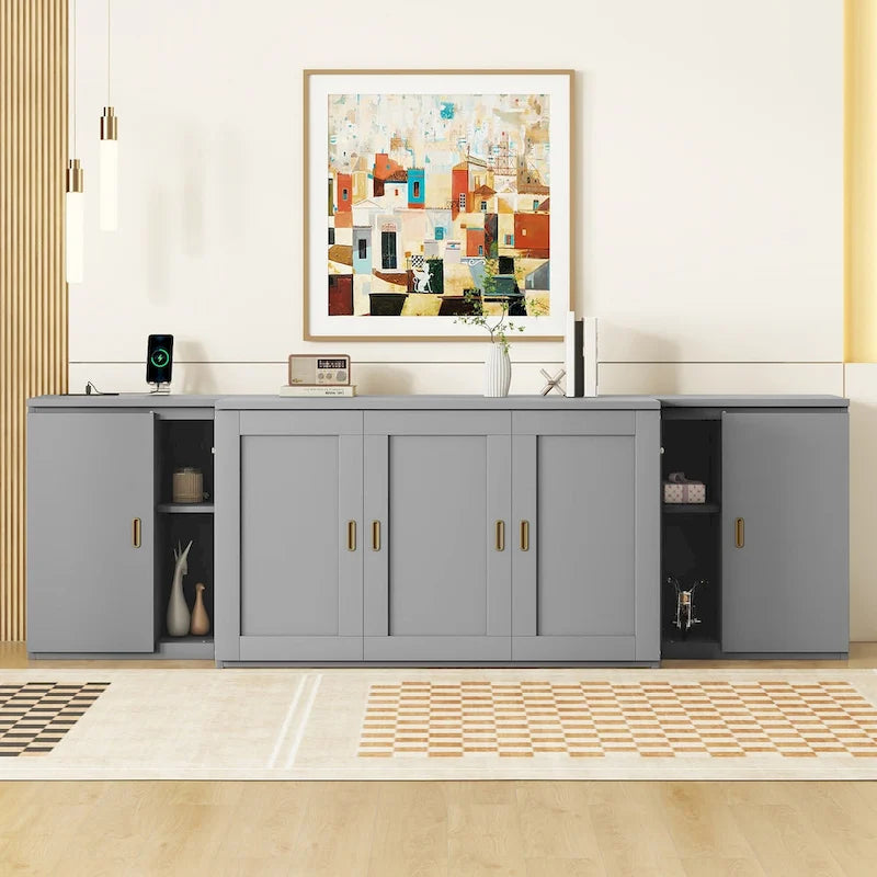 Gray Full Size Murphy Wall Bed with Shelves, Cabinets and USB Charging Ports