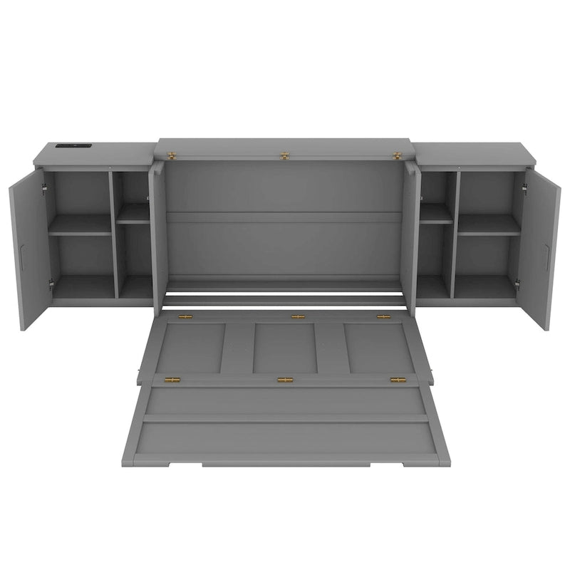 Gray Full Size Murphy Wall Bed with Shelves, Cabinets and USB Charging Ports
