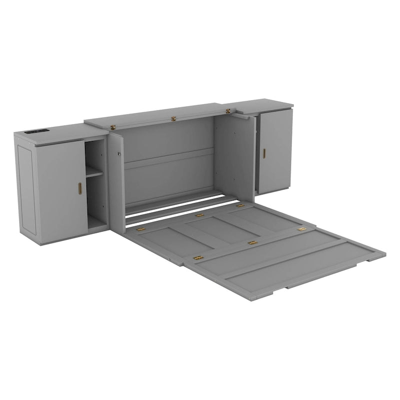 Gray Full Size Murphy Wall Bed with Shelves, Cabinets and USB Charging Ports