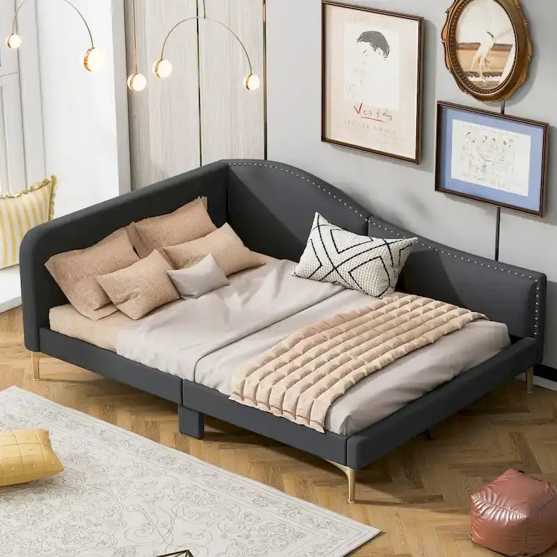 Grey Full Size Upholstered Daybed with Linen Fabric Armrest and Headboard