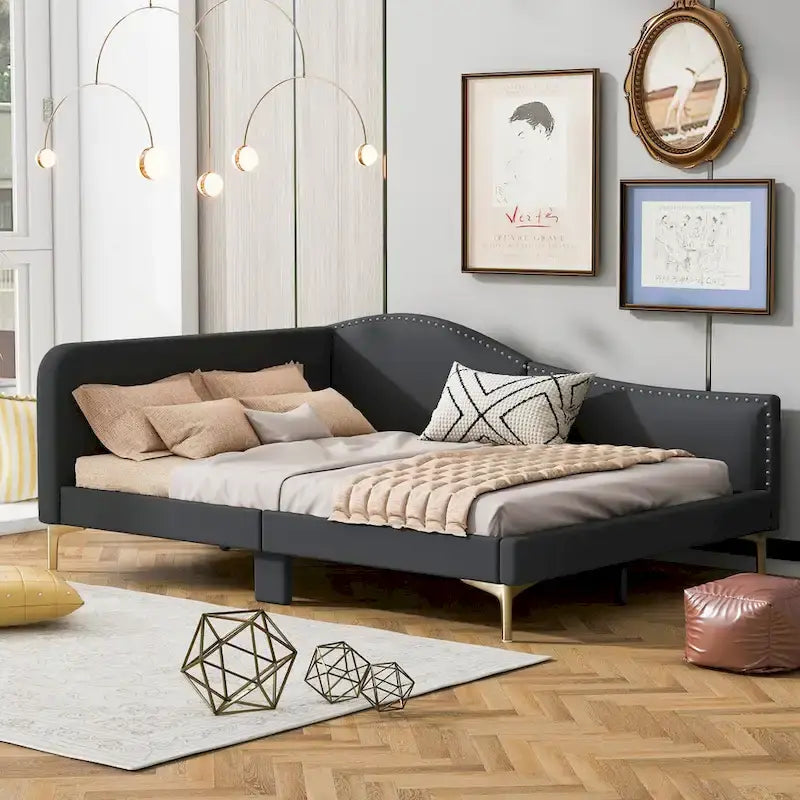Grey Full Size Upholstered Daybed with Linen Fabric Armrest and Headboard