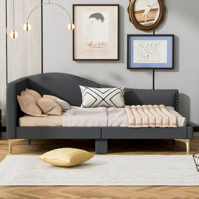 Grey Full Size Upholstered Daybed with Linen Fabric Armrest and Headboard