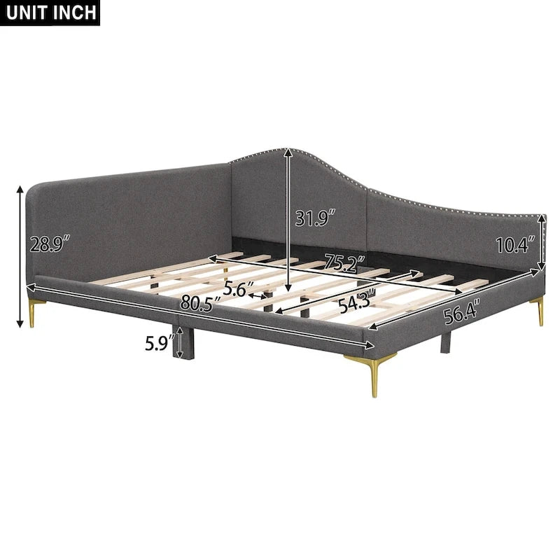 Grey Full Size Upholstered Daybed with Linen Fabric Armrest and Headboard