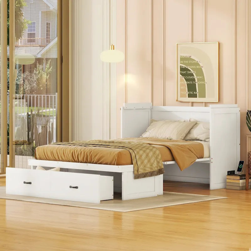 Full Size Murphy Wall Bed with USB Charging Station and Storage Drawer