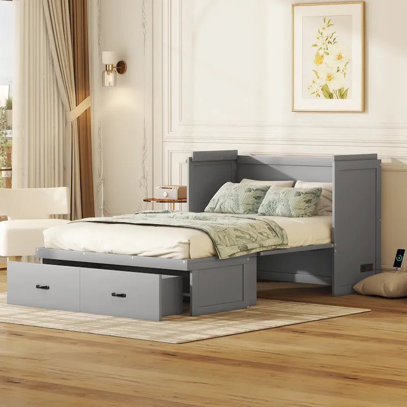 Full Size Murphy Wall Bed with USB Charging Station and Storage Drawer