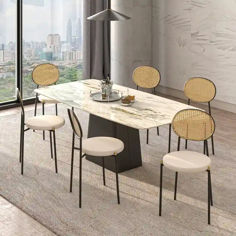 Set of 4 Dining Chairs with Wicker Back and Upholstered Velvet Seat