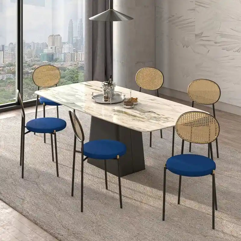 Set of 4 Dining Chairs with Wicker Back and Upholstered Velvet Seat