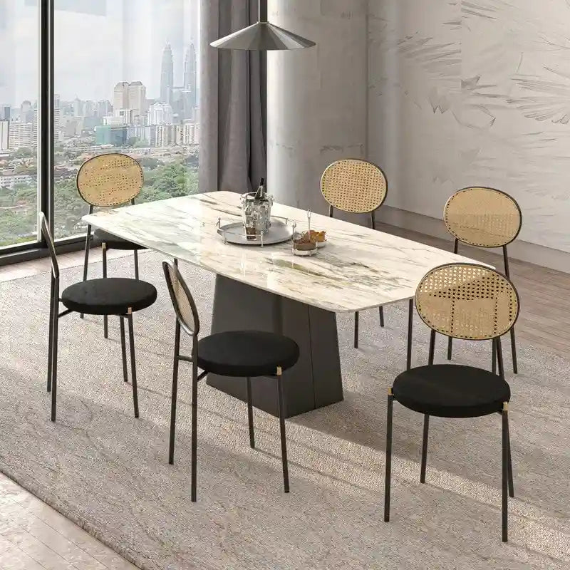 Set of 4 Dining Chairs with Wicker Back and Upholstered Velvet Seat