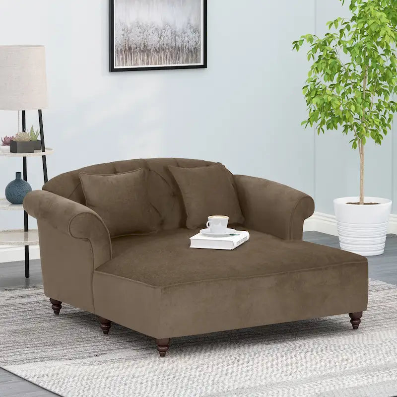 Contemporary Tufted Double Chaise Lounge with Accent Pillows and Scroll Arms
