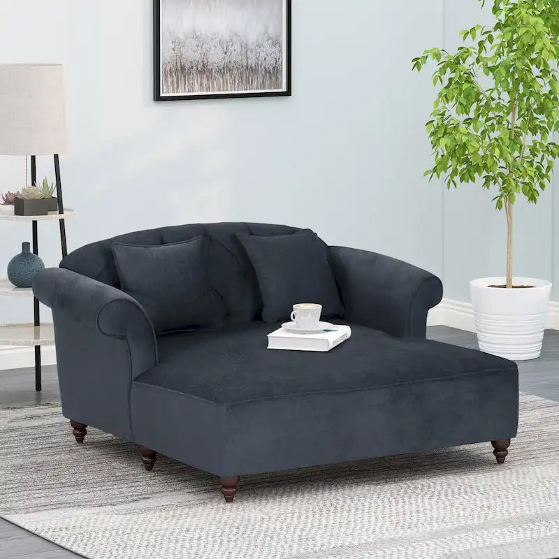Contemporary Tufted Double Chaise Lounge with Accent Pillows and Scroll Arms