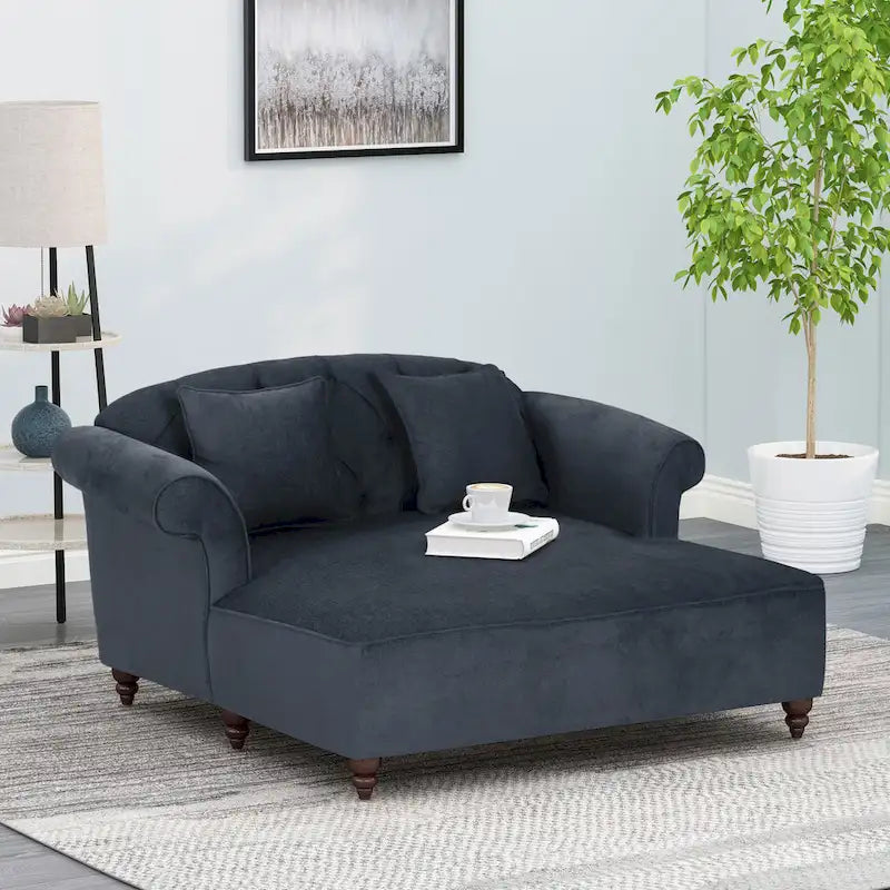 Contemporary Tufted Double Chaise Lounge with Accent Pillows and Scroll Arms
