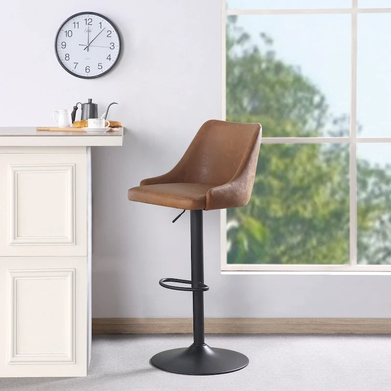 Height Adjustable Swivel Bar Stool with Padded Back in Faux Leather