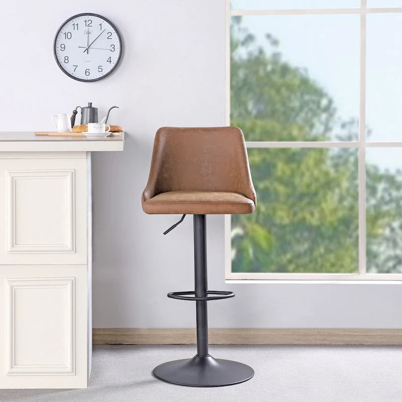 Height Adjustable Swivel Bar Stool with Padded Back in Faux Leather
