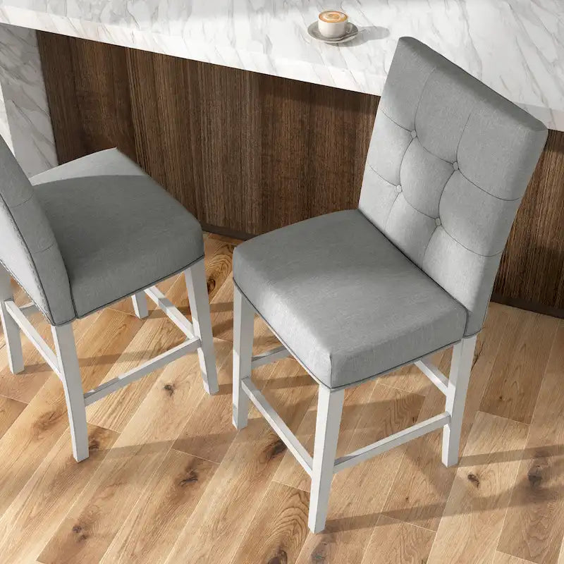 Set of 2 Grey Upholstered Counter Height Dining Chairs in Antique White