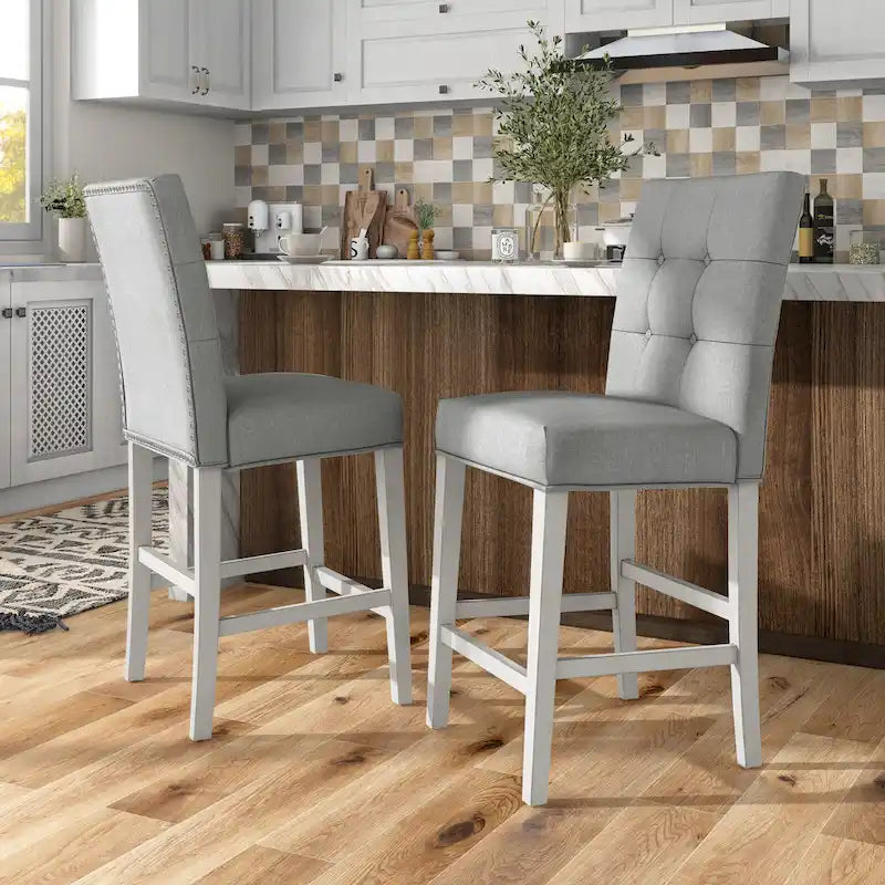 Set of 2 Grey Upholstered Counter Height Dining Chairs in Antique White